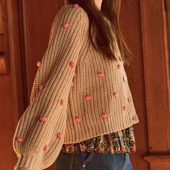 NWT The Great. Bobble Fisherman Knit Cardigan in Sand and Berry Size 0 - Picture 2 of 11